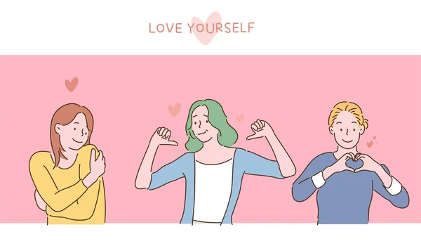 Women Confident Expressions You Making Gesture Loving Yourself Hand Drawn — Stok Vektör