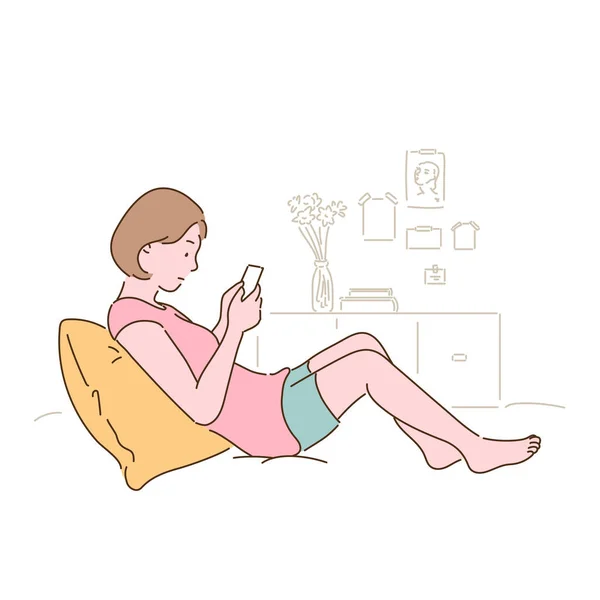 Жінка Сидить Ліжку Дивиться Свій Телефон Рука Намальована Стиль Векторний — стоковий вектор