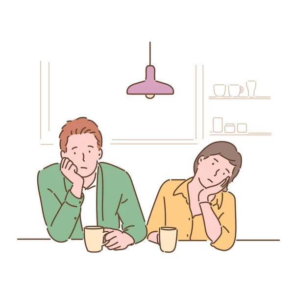 二人はテーブルに座り 退屈そうな表情で顎を振る 手描きのベクターデザインイラスト — ストックベクタ