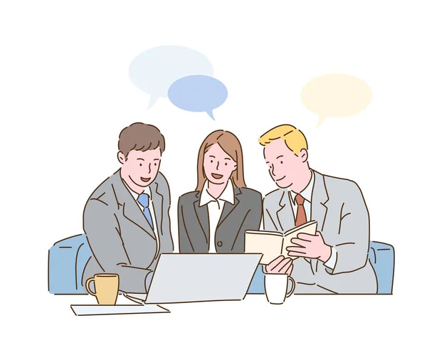 Three Business People Having Meeting Hand Drawn Style Vector Design — Stok Vektör