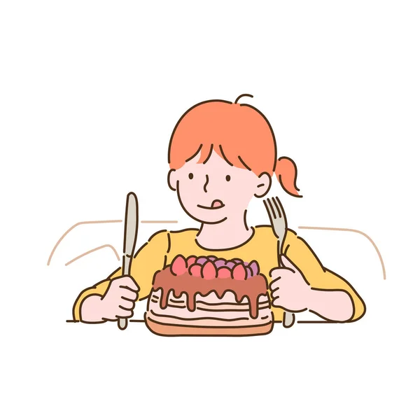 Little Girl Looking Cake Fork Knife Her Hands Hand Drawn — Vetor de Stock
