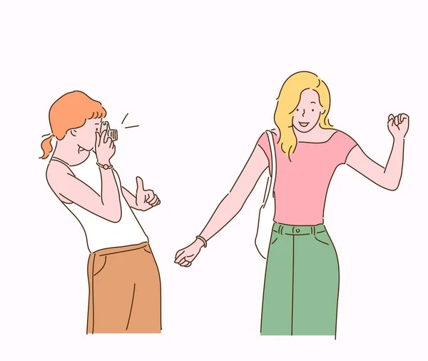 Friend Photographing Another Friend Camera Hand Drawn Style Vector Design —  Vetores de Stock