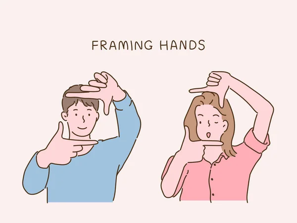 Man Woman Making Photo Frames Hands Hand Drawn Style Vector — Vettoriale Stock