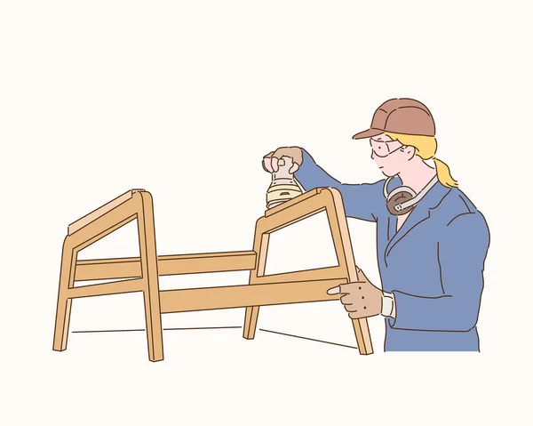 Carpenter Sanding Wooden Furniture Hand Drawn Style Vector Design Illustrations — Image vectorielle