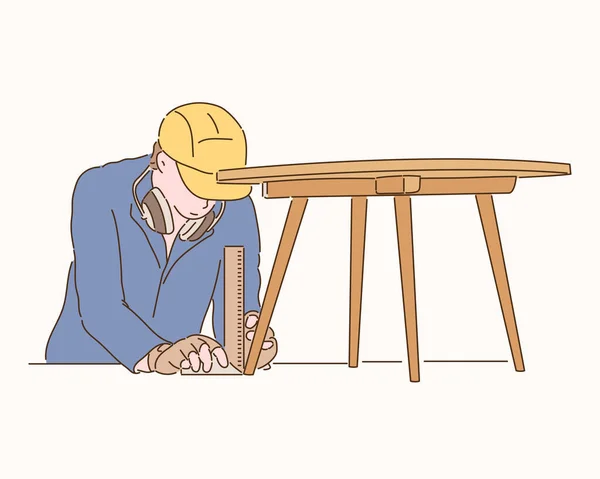 Carpenter Making Table Hand Drawn Style Vector Design Illustrations — Stok Vektör