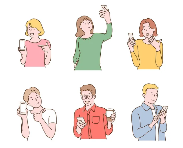 People Holding Mobile Phones Making Various Gestures Hand Drawn Style — Archivo Imágenes Vectoriales