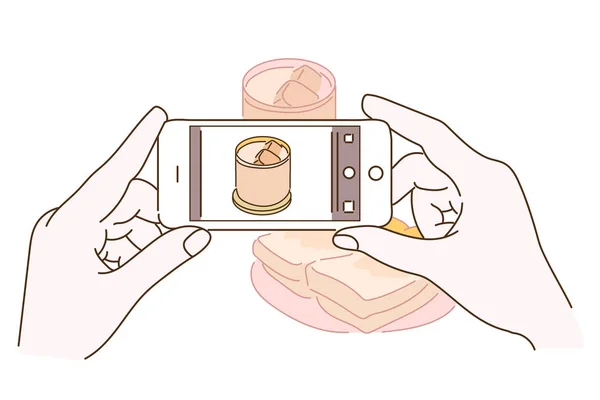 Hand Taking Food Photo Mobile Phone Hand Drawn Style Vector — Vettoriale Stock