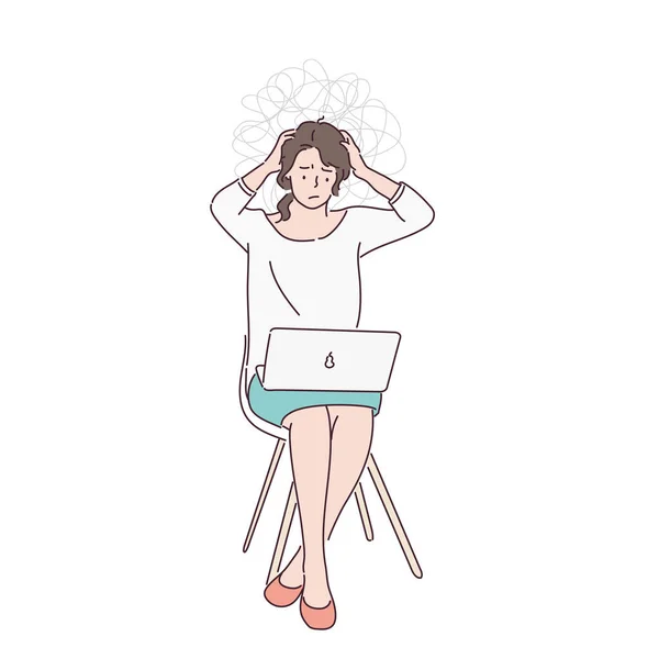 Woman Sitting Chair Holding Her Head While Looking Laptop Hand — Archivo Imágenes Vectoriales