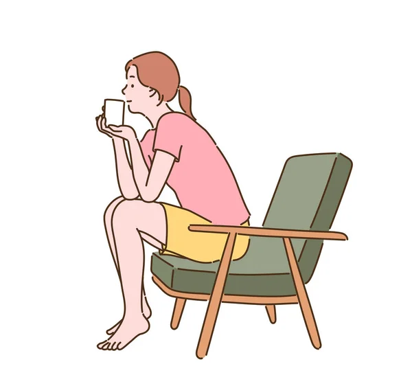 Woman Sitting Chair Drinking Tea Hand Drawn Style Vector Design — Archivo Imágenes Vectoriales