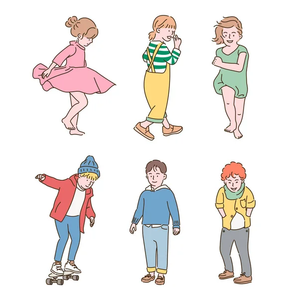 Collection Lively Children Characters Cute Style Hand Drawn Style Vector — Stok Vektör