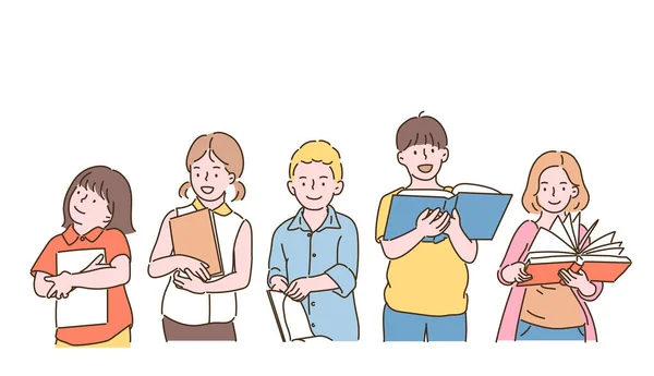 Cute Children Holding Books Reading Hand Drawn Style Vector Design — Vettoriale Stock