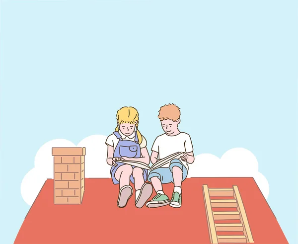 Cute Little Girl Boy Sitting Roof Reading Book Hand Drawn — Vetor de Stock