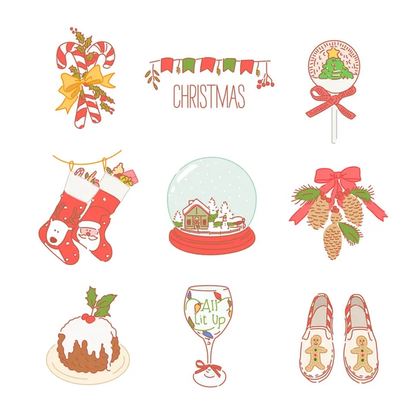 Eine Sammlung Von Weihnachtsschmuck Handgezeichnete Stil Vektor Design Illustrationen — Stockvektor
