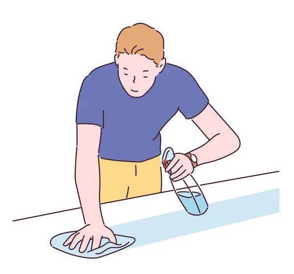 Ein Mann Sprüht Waschmittel Und Wischt Den Schreibtisch Handgezeichnete Stil — Stockvektor