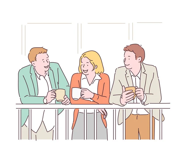Office Coworkers Chatting Coffee Break Hand Drawn Style Vector Design —  Vetores de Stock