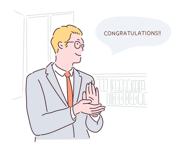 Man Suit Clapping Celebrating Hand Drawn Style Vector Design Illustrations — Vettoriale Stock