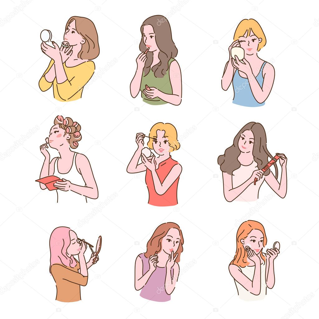 Women doing makeup and styling hair. hand drawn style vector design illustrations.