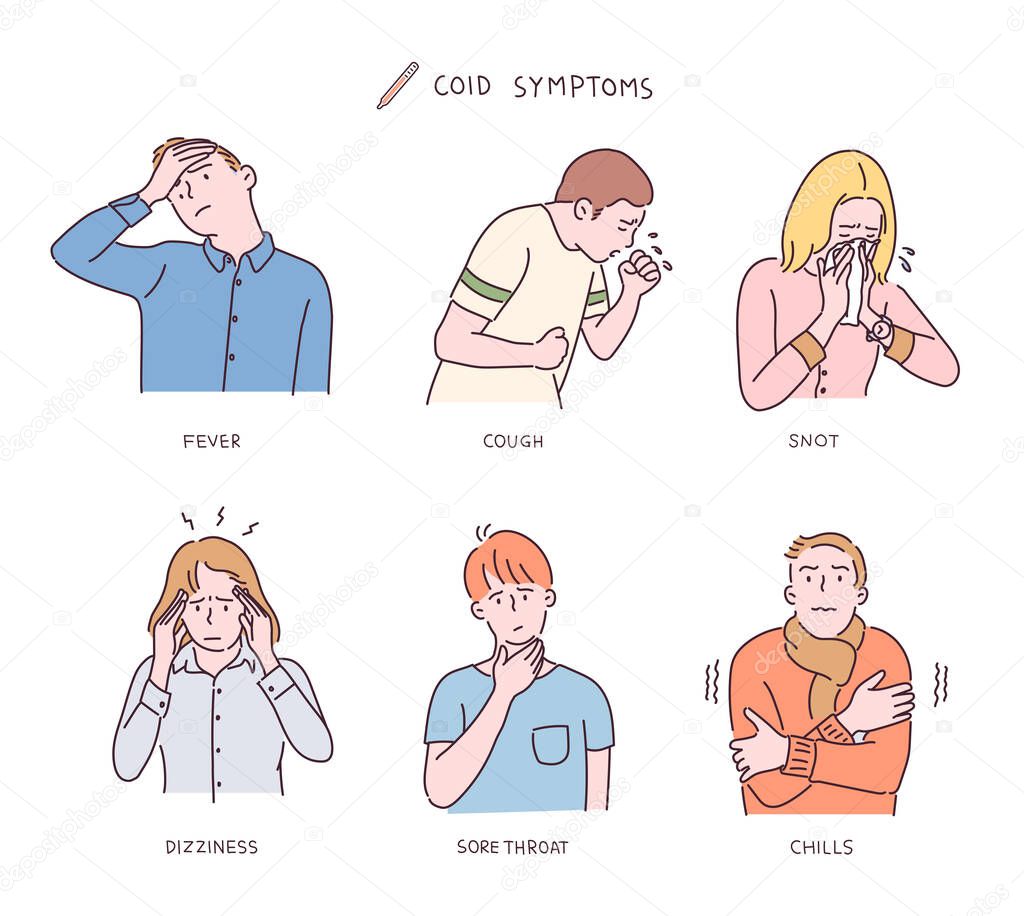 Various cold symptoms. hand drawn style vector design illustrations.