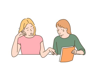 Bir arkadaşım bir kitabı işaret ediyor ve dırdır ediyor. el çizimi biçim vektör tasarımı çizimleri.