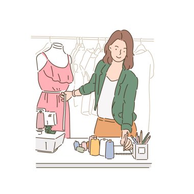 Moda tasarımcısı kıyafet yapıyor. el çizimi biçim vektör tasarımı çizimleri.