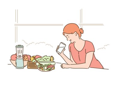 A woman is drinking water and a salad is on the table. hand drawn style vector design illustrations. vector A woman is drinking water and a salad is on the table. hand drawn style vector design illustrations. vector