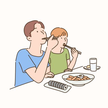 A man and a woman are eating Korean food at a Korean snack bar. hand drawn style vector design illustrations. vector A man and a woman are eating Korean food at a Korean snack bar. hand drawn style vector design illustrations. vector