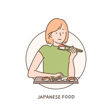 A woman is eating sushi with chopsticks. hand drawn style vector design illustrations. vector A woman is eating sushi with chopsticks. hand drawn style vector design illustrations. vector