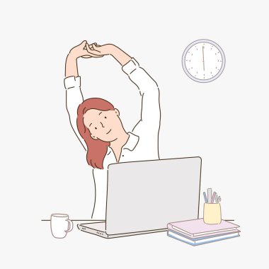 A woman is stretching in the office.