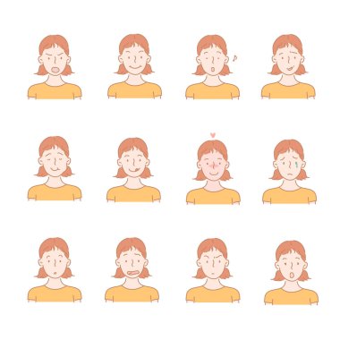 Collection of icons of various facial expressions of girl.  hand drawn style vector design illustrations.