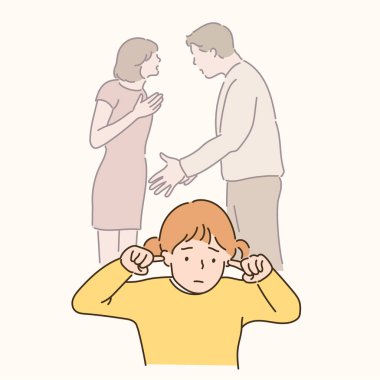 The father is arguing with the mother and the child is covering his ears with a sad expression. hand drawn style vector design illustrations. 