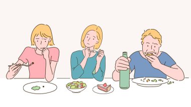 People who eat food. Sad man for diet with bulimia and anorexia. hand drawn style vector design illustrations. 