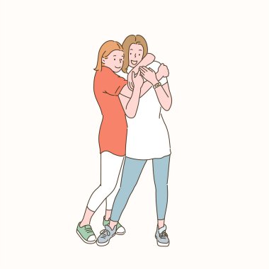 Two friends hugging affectionately. hand drawn style vector design illustrations. 