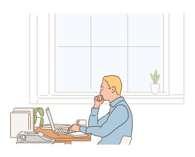 A man is sitting at his desk, looking at his laptop and working. hand drawn style vector design illustrations.