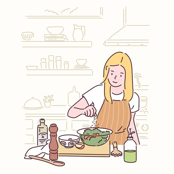 Woman Making Salad Hand Drawn Style Vector Design Illustrations —  Vetores de Stock