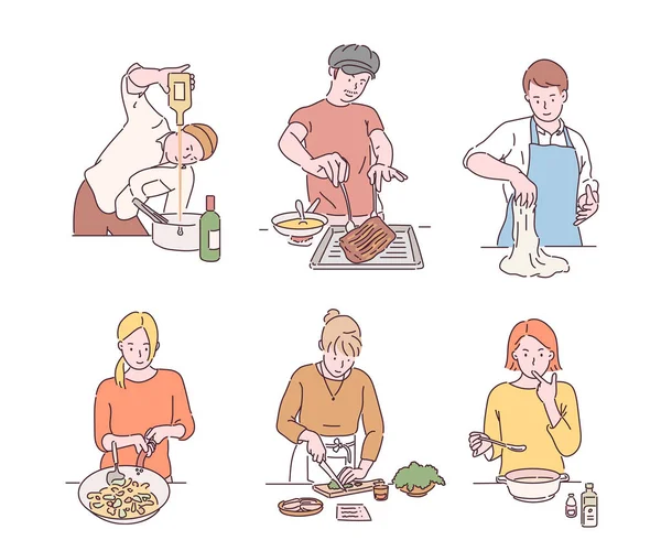 Collection People Doing Various Dishes Hand Drawn Style Vector Design — Vetor de Stock