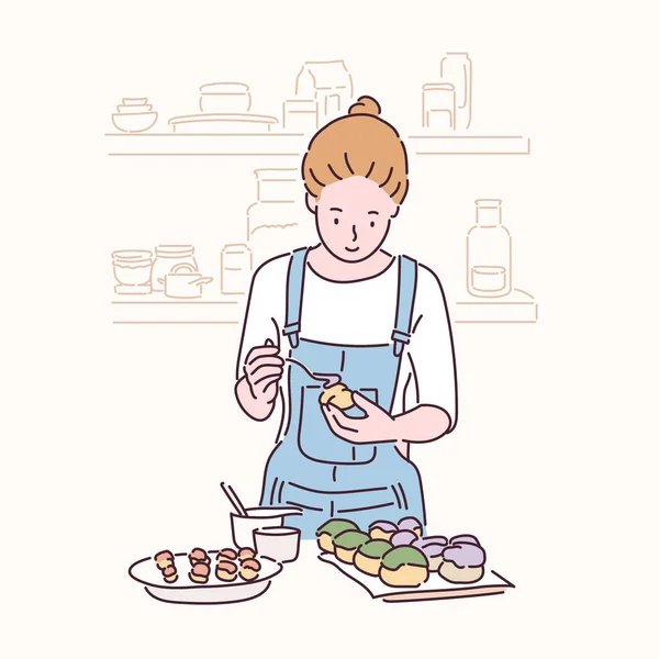 Woman Baking Hand Drawn Style Vector Design Illustrations —  Vetores de Stock