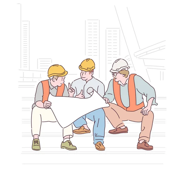 Workers Construction Site Talking While Looking Blueprint Hand Drawn Style — Image vectorielle