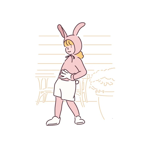 Girl Cute Bunny Costume Hand Drawn Style Vector Design Illustrations — Vetor de Stock