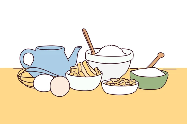Ингредиенты Приготовления Пищи Столе Ручные Рисунки Векторного Дизайна — стоковый вектор