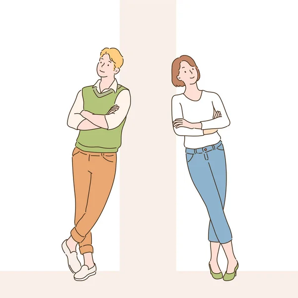 Two People Standing Leaning Wall Hand Drawn Style Vector Design — Stockvector