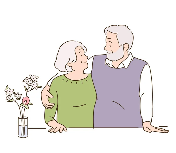 Yaşlı Bir Çift Birbirine Bakıyor Gülümsüyor Çizimi Biçim Vektör Tasarımı — Stok Vektör