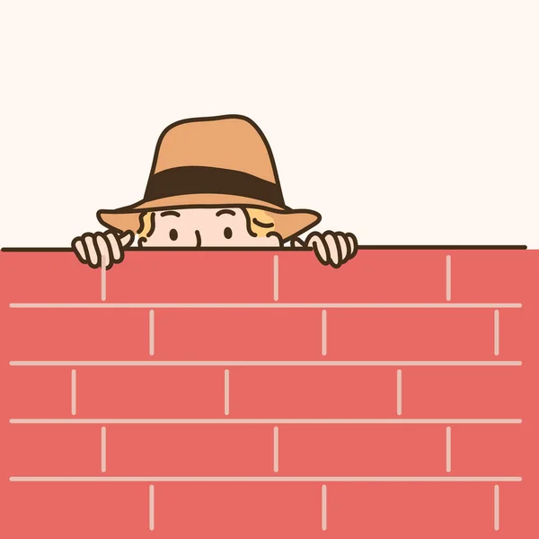 Detective Esconde Detrás Pared Observa Ilustraciones Diseño Vectores Estilo Dibujado — Vector de stock