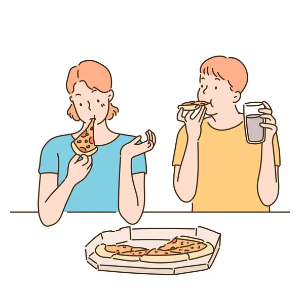 Ένας Άντρας Και Μια Γυναίκα Τρώνε Πίτσα Στο Τραπέζι Ζωγραφισμένες — Διανυσματικό Αρχείο
