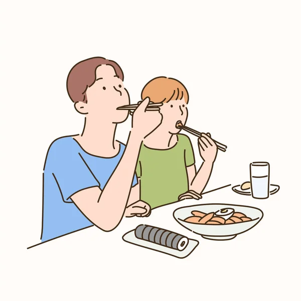 Hombre Una Mujer Están Comiendo Comida Coreana Bar Coreano Ilustraciones — Vector de stock