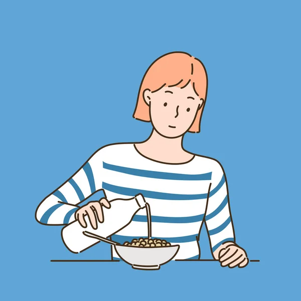 Una Chica Está Echando Leche Sobre Los Cereales Ilustraciones Diseño — Vector de stock