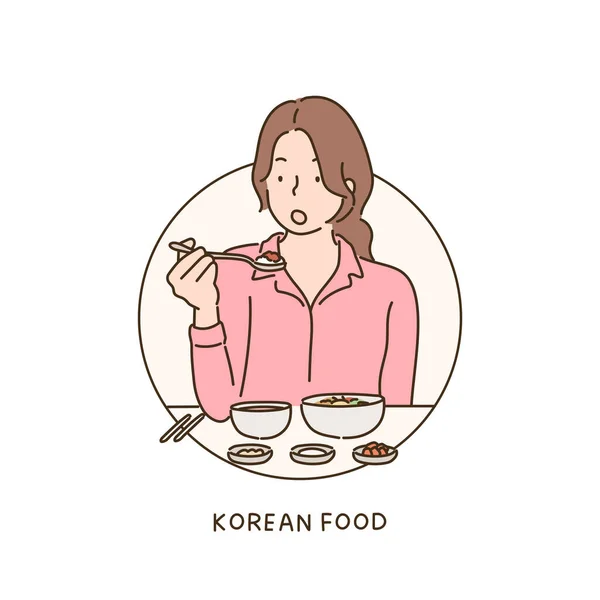 女性が韓国料理を食べている 手描きのベクターデザインイラスト — ストックベクタ