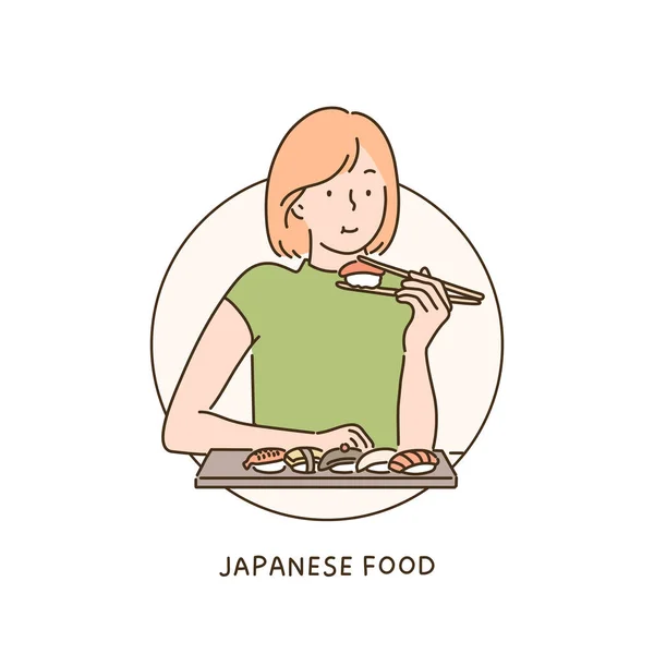 Una Mujer Está Comiendo Sushi Con Palillos Ilustraciones Diseño Vectores — Archivo Imágenes Vectoriales