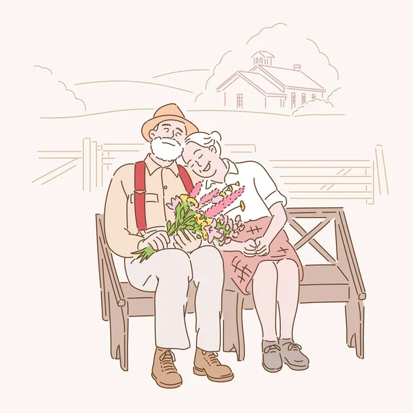 Elderly Couple Sits Bench Affectionately Each Other Hand Drawn Style — Vettoriale Stock