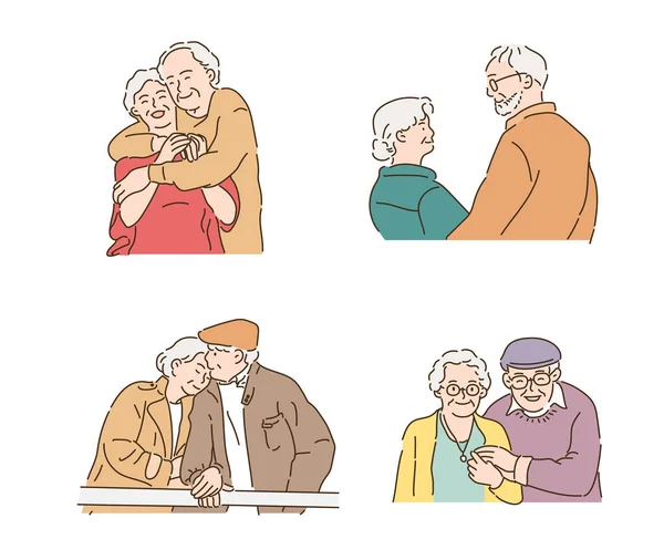 Elderly Couples Lovingly Spending Time Together Hand Drawn Style Vector — Vetor de Stock