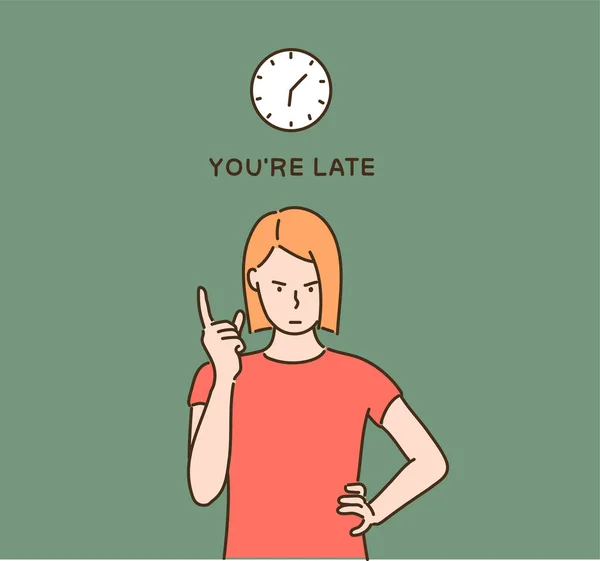 Woman Angry She Points Her Watch Hand Drawn Style Vector — Stok Vektör